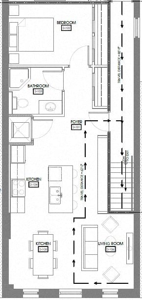 Floor plan for 1 bed, 1 bath, 800 sqft